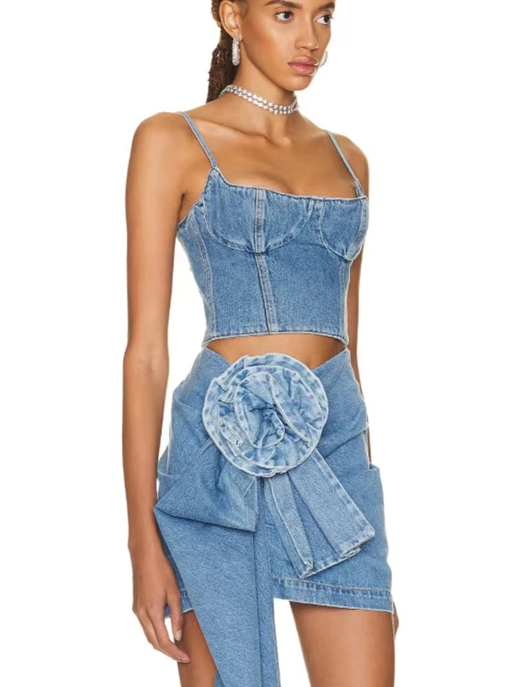 Italian Stylish Strapless Denim Crop Top with 3D Flower Cuts Sash Wrap High Waist  Skirt Women's Commute Artistic Style