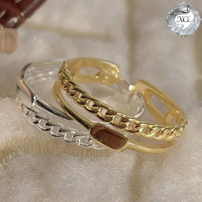 

XCL S925 Sterling Silver Double Layers Geometric Chain Ring Adjustable Hip Hop Punk Style Fashion Party Jewelry for Women
