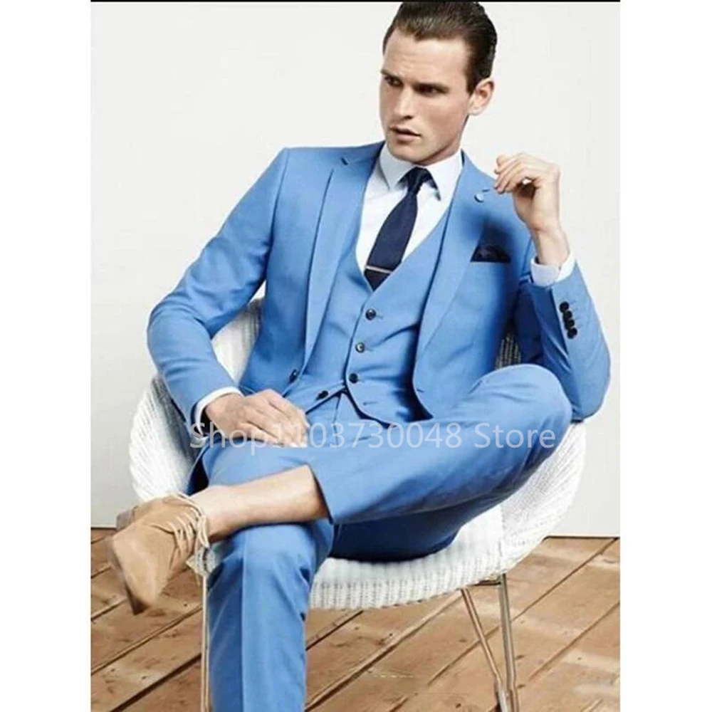 

Costume Homme Men Suit Business Formal Wedding Suits for Men Best Man Blazer Groom Wear Tuxedo Blue Slim Fit Blazer Vest Pants