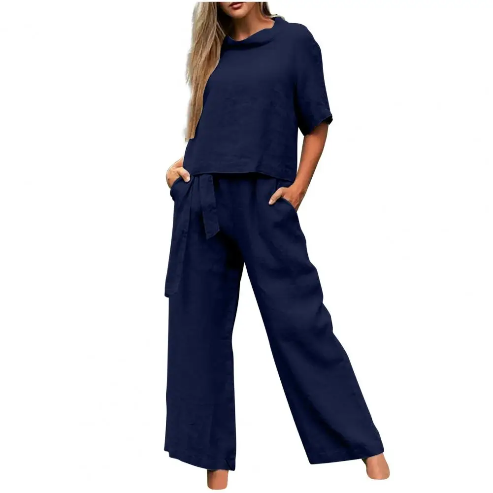 

2024 Women Blouse Pants Set Round Neck Short Sleeves Top Wide Leg Loose Lace-up Strap Trousers OL Homewear Outfit