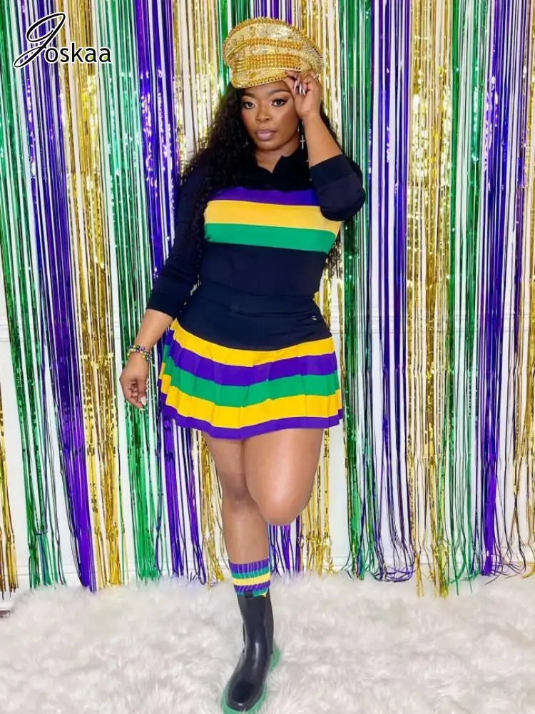 

Joskaa Striped Print Sporty 2 Piece Set Women Lapel Full Sleeve Tops+Pleated Skirt Matching 2025 Y2K Streetwear Tracksuits S-XXL