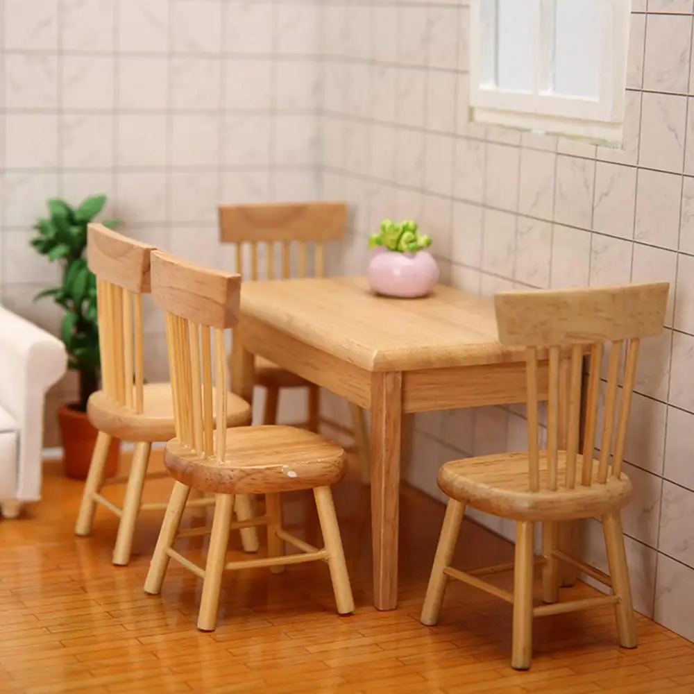 Ornament 1:12 Mini Decorative Wooden Miniature Table Dining Room Chair Dollhouse Furniture