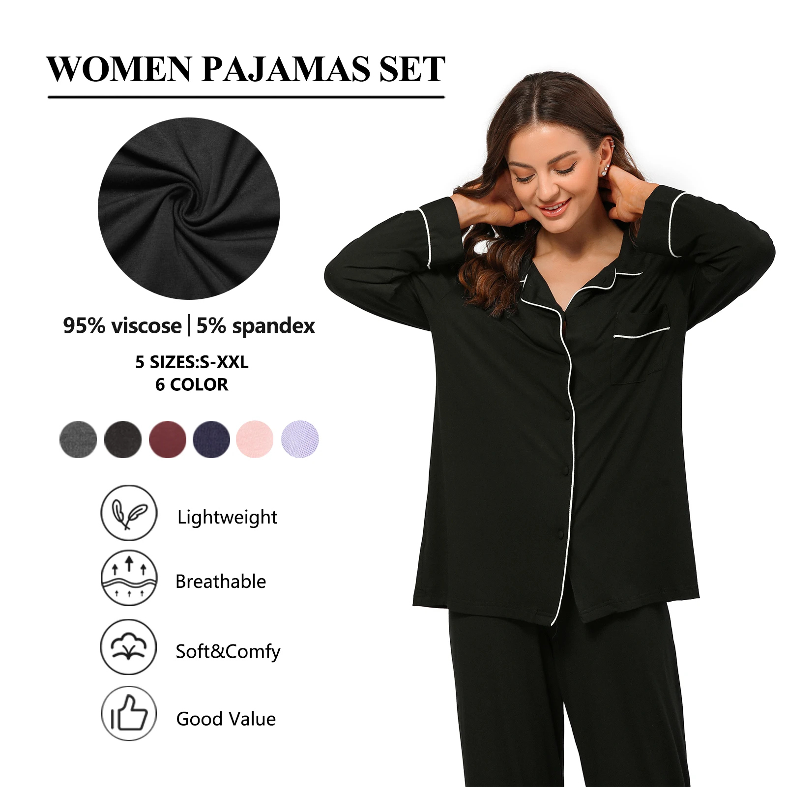 Custom Pajamas Sets Women Summer Sleepwear Two Pieces Long Sleeve Shirt and Pants Digital Printing Knitted Viscose Pyjamas