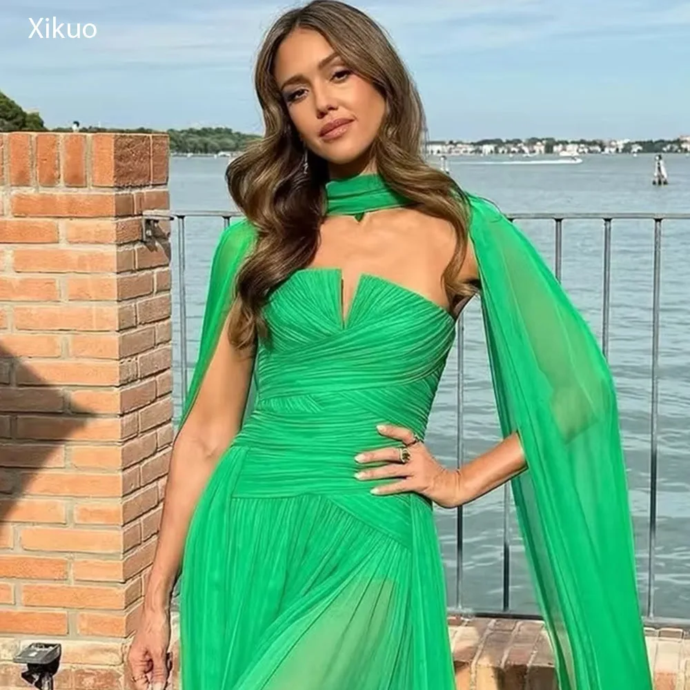 

Xikuo Green Chiffon Evening Dresses See Through Cape A Line Pleated Abiti Da Cerimonia Unique Vestidos De Fiesta Customized