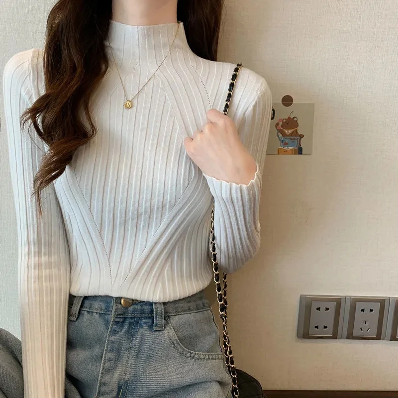 

New Turtleneck Jumper Woman Knitted Blouses Fashion Ladies Sweaters Winter 2023 Thermal Striped Long Sleeve Autumn Warm Tops