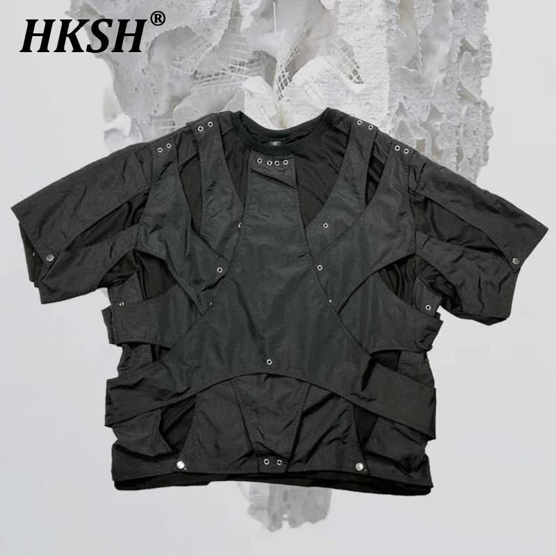 

HKSH Men's Tide Waste Land Chic T-shirt Deconstruct Punk Hollow Out Layered Silhouette O-Neck Short Sleeve Dark New Tees HK1495