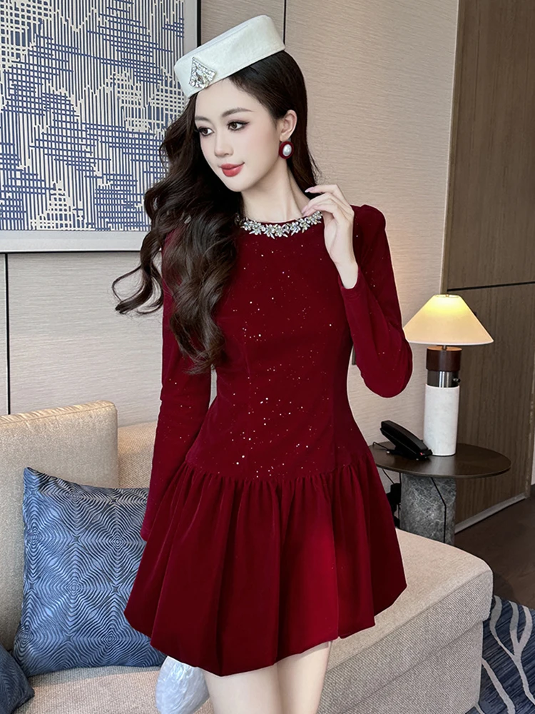 Women's Clothing  Sweet Party Dress French Elegant Shiny Sequin Short Ball Gown Feminino Birthday Vestidos Fiesta Girly