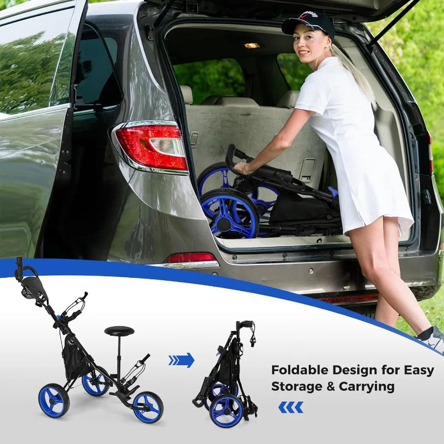ULTIMATE 3 عجلة جولف دفع سحب عربة طوي خفيفة الوزن حقيبة جولف عربة ث/مقعد قابل للتعديل ومقبض حامل بطاقة النتائج مظلة