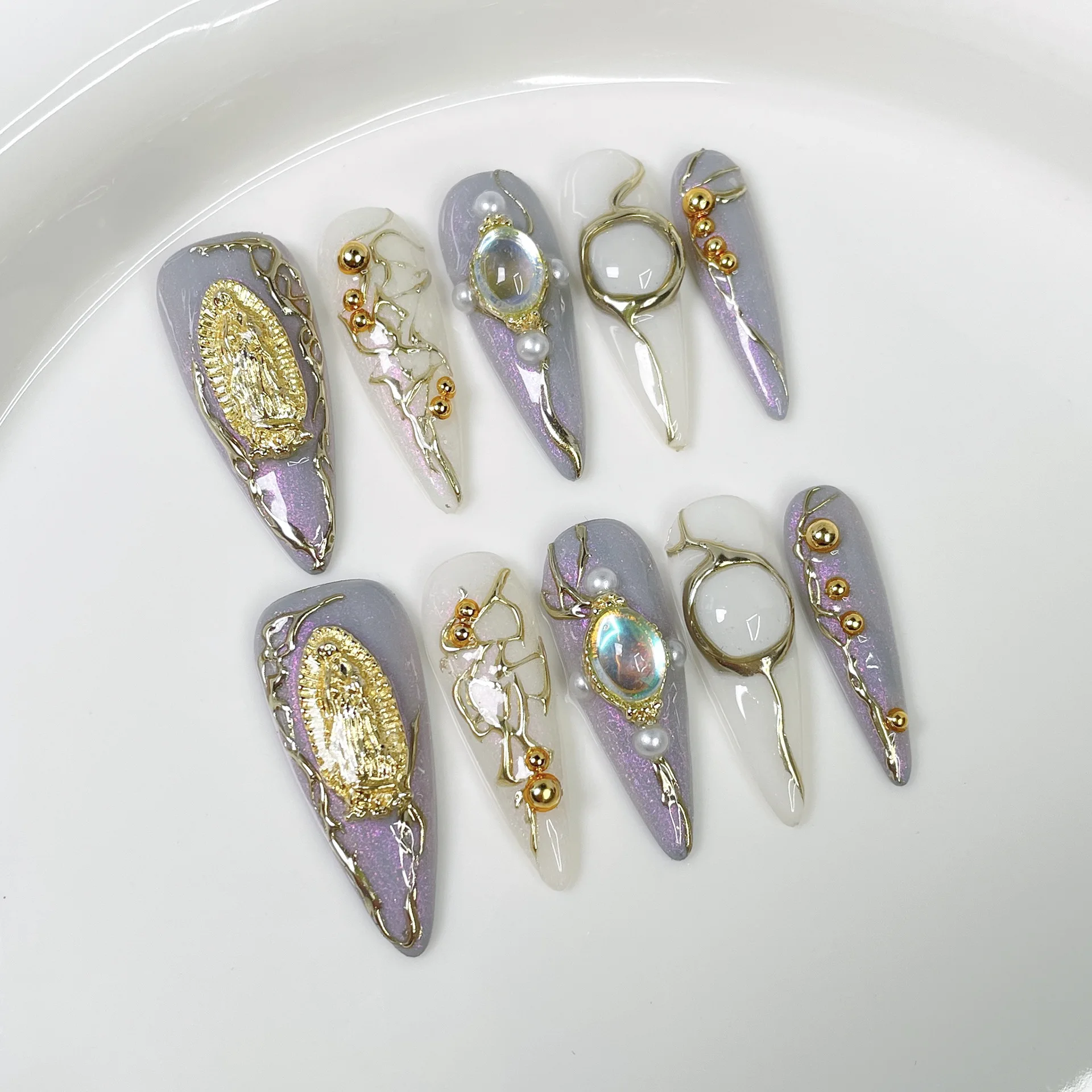 10 قطع طويلة خنجر اليدوية مجموعات الأظافر كاذبة الوردي لطخة اللوز الأظافر نصائح زهرة الماس وهمية مسمار الفن الفرنسية الصحافة على الأظافر