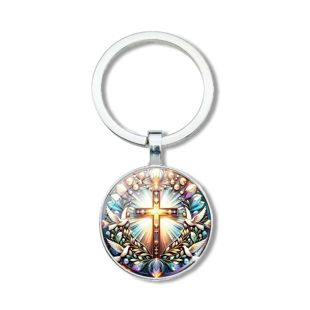 Vintage Colored Cross Pattern Circular Glass Keychain Metal Pendant Jewelry Religious Fashion Gift