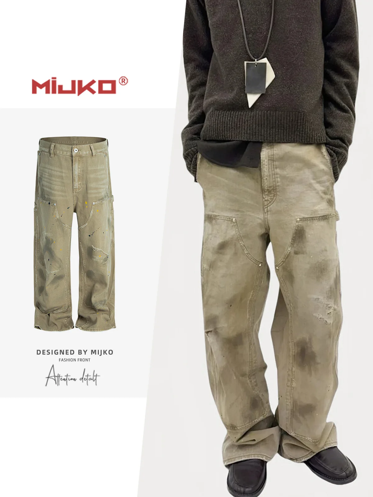 MIJKO Unisex Vintage Denim Pants Double Knee Ripped Straight Leg Dark Graffiti Splashed Jeans for Men And Women ZJ127