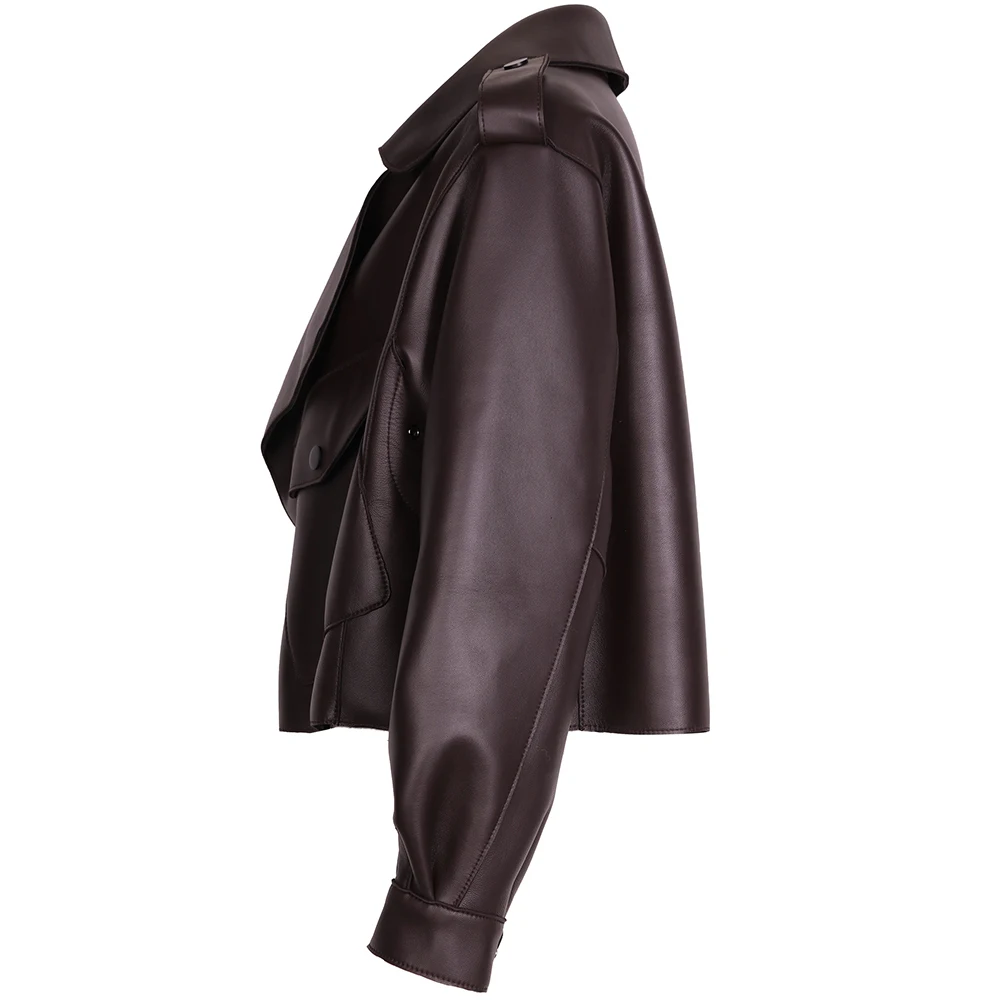 YOLOAgain 2025 Spring Dark Brown Oversized Leather Jacket Women Real Leather Jacket Female Overcoat