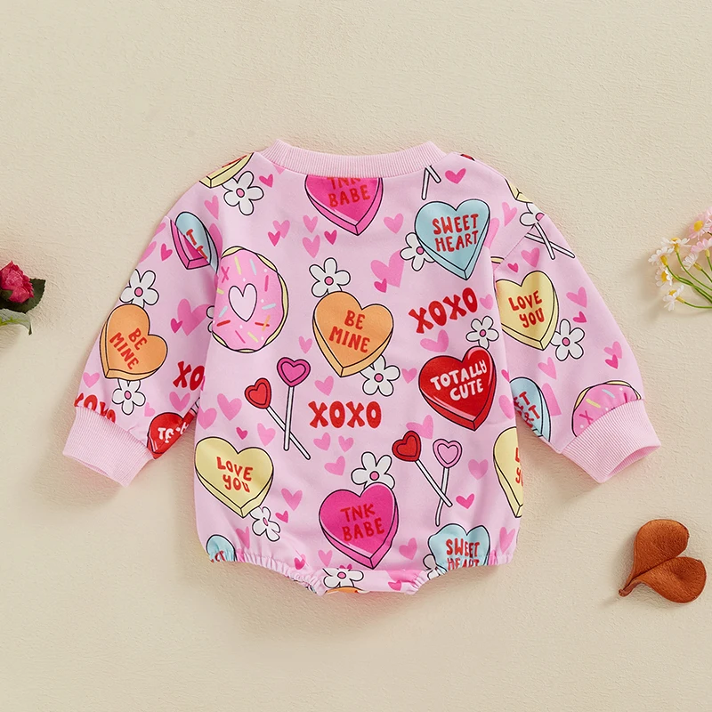 Suefunskry Baby Girl Spring Romper Long Sleeve Round Neck Heart Lollipop Print Bodysuit Newborn Valentine's Day Outfit