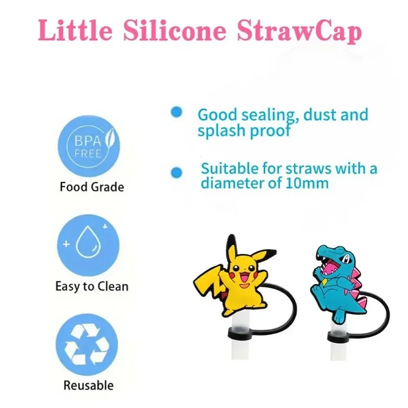 Whosale 20PCS Pokemon Pikachu Silicone Straw Covers 10mm - Reusable Cartoon Straw Protectors for Cups & Drinking Accessories