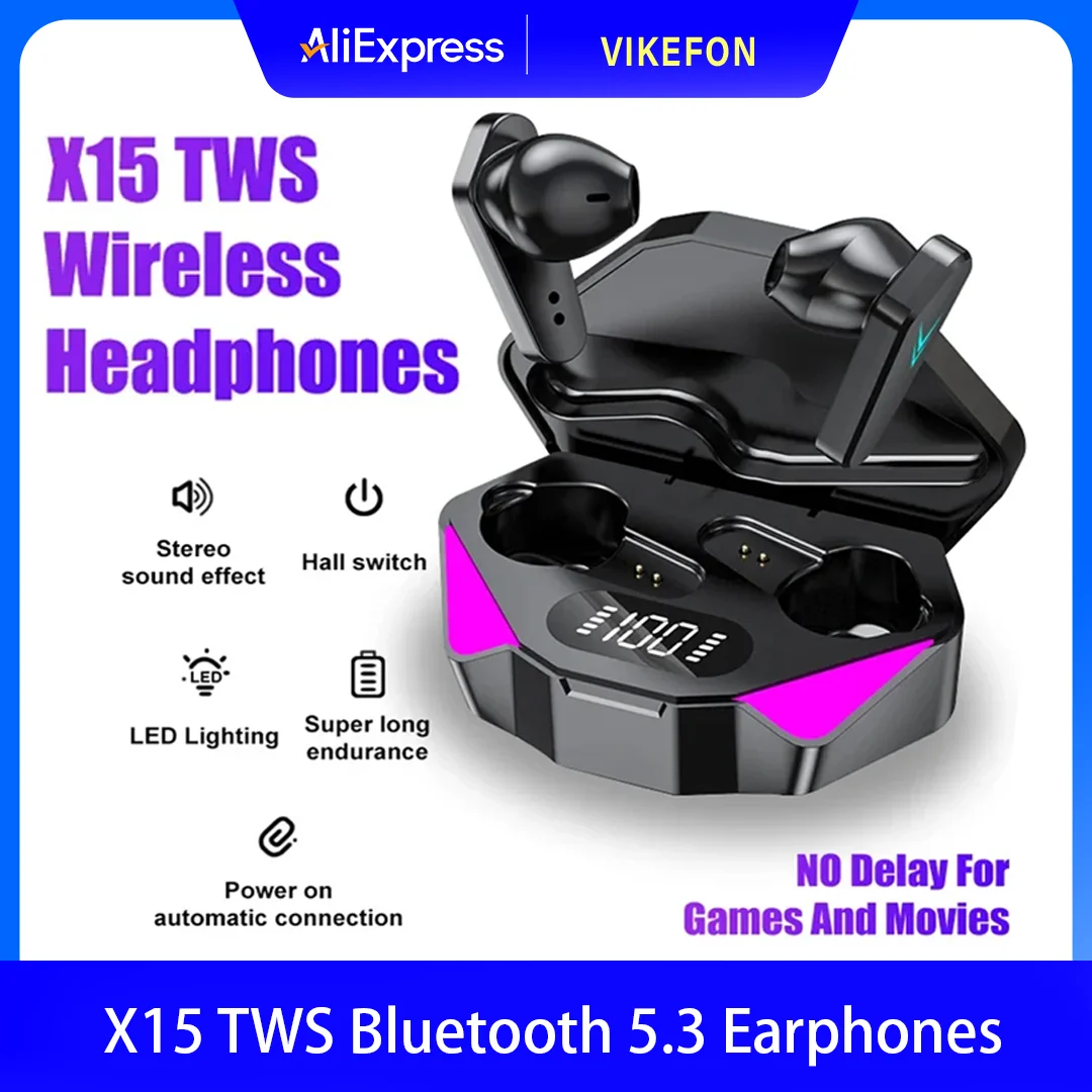 Auriculares Inalámbricos Bluetooth X15 con Pantalla LED, Auriculares para Gamers con Micrófono, Auriculares Inalámbricos con Cancelación de Ruido
