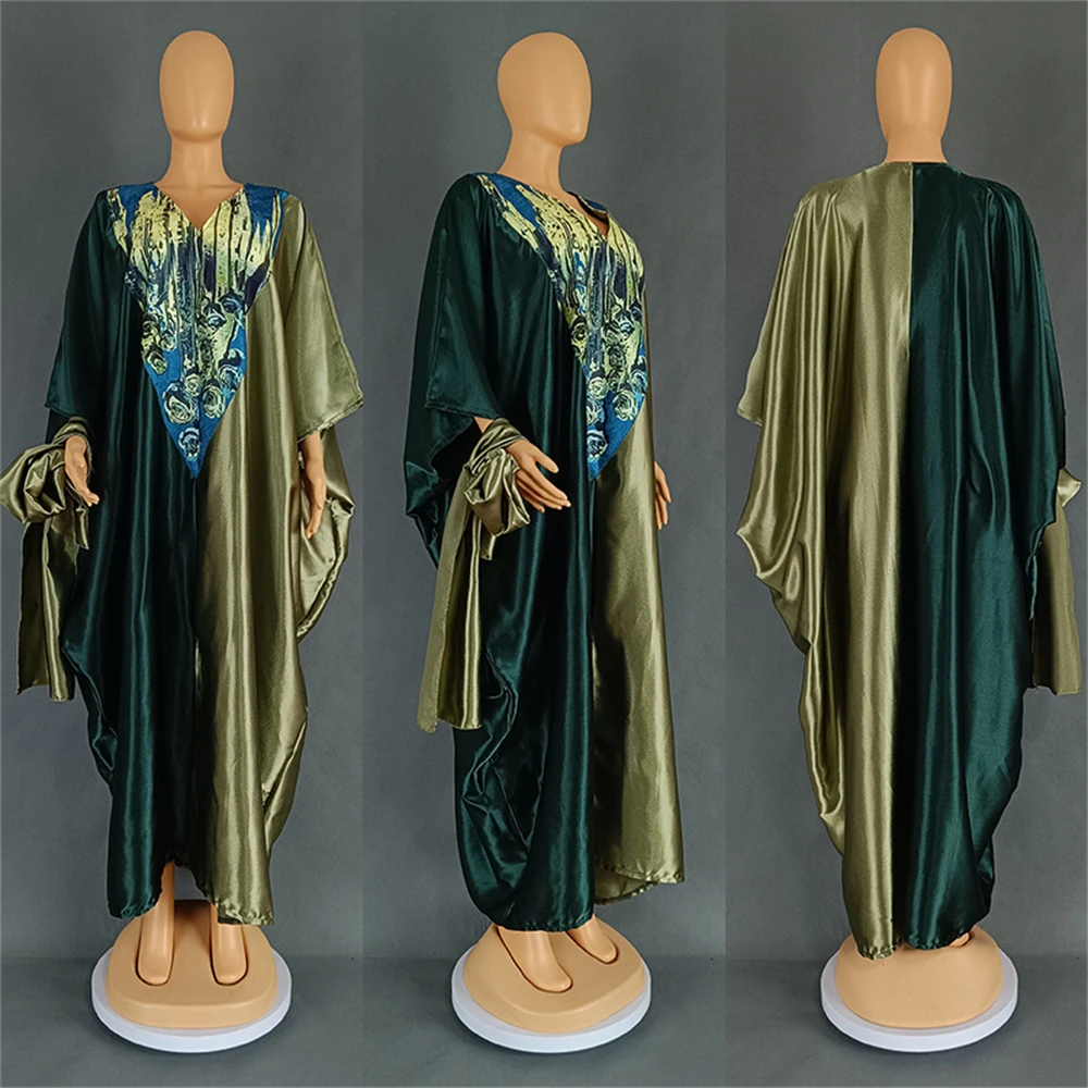 

Abayas for Satin Women Dubai African Dashiki Muslim Dress Caftan Marocain Evening Party Dresses Boubou Robe Femme with Headtie