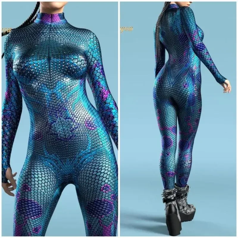 Women Jumpsuits Fish Scale Multicolour 3D Printing Bodysuit Party Sexy Romper Art Skinny Costume Halloween Outfit Catsuit