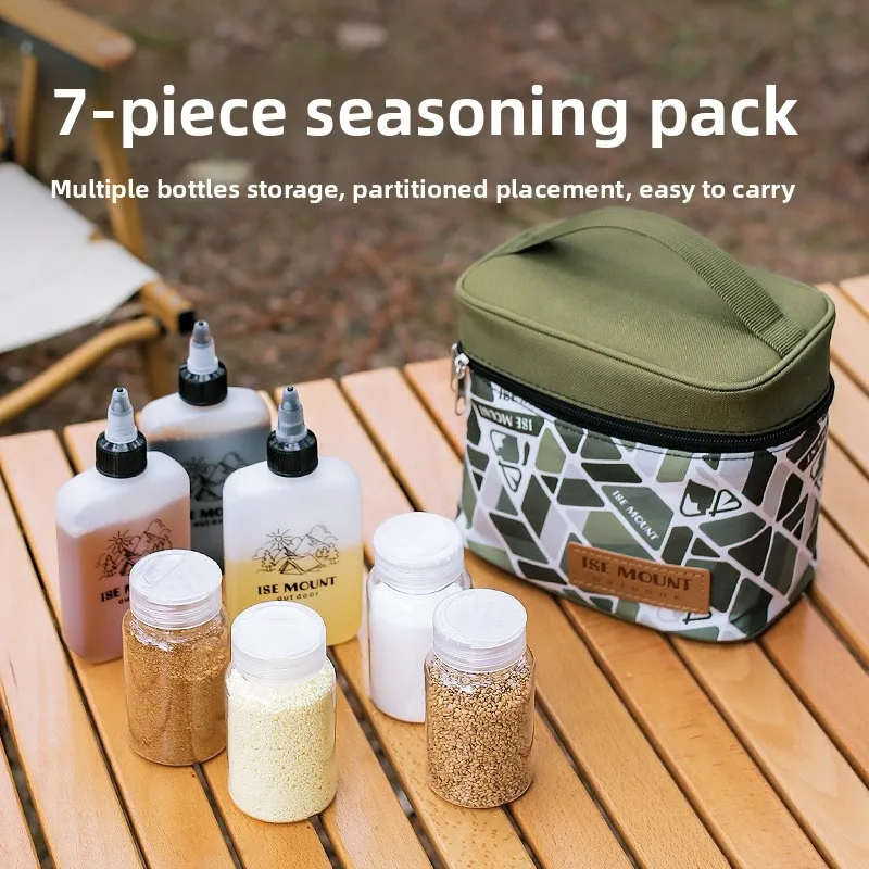 حقيبة تخزين توابل خارجية مكونة من 7 قطع، حقيبة تخزين زجاجات توابل للتخييم، مجموعة جرة توابل، حقيبة مستحضرات تجميل محمولة