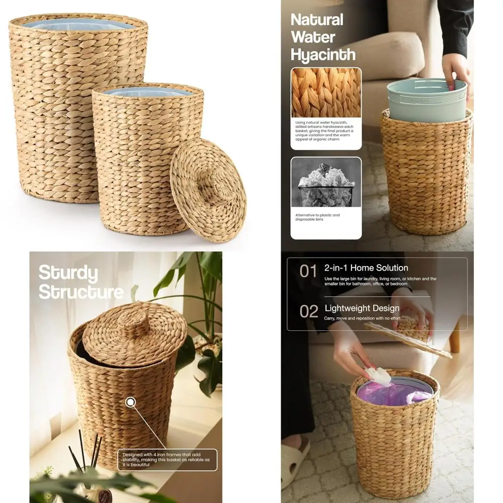 

Wicker Trash Cans with Lids - Set of 2 for Bathroom - Water Hyacinth Waste Baskets - 2 Gallon Bathroom Garbage Bins with Lids