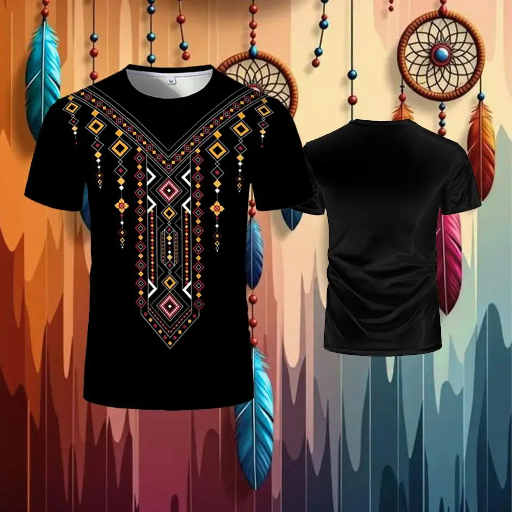 

New Ethnic Style Retro Printed T-shirt 2025 Casual Fashion Daily Wear Short Sleeve Unisex Traditional Folk Round Neck Top