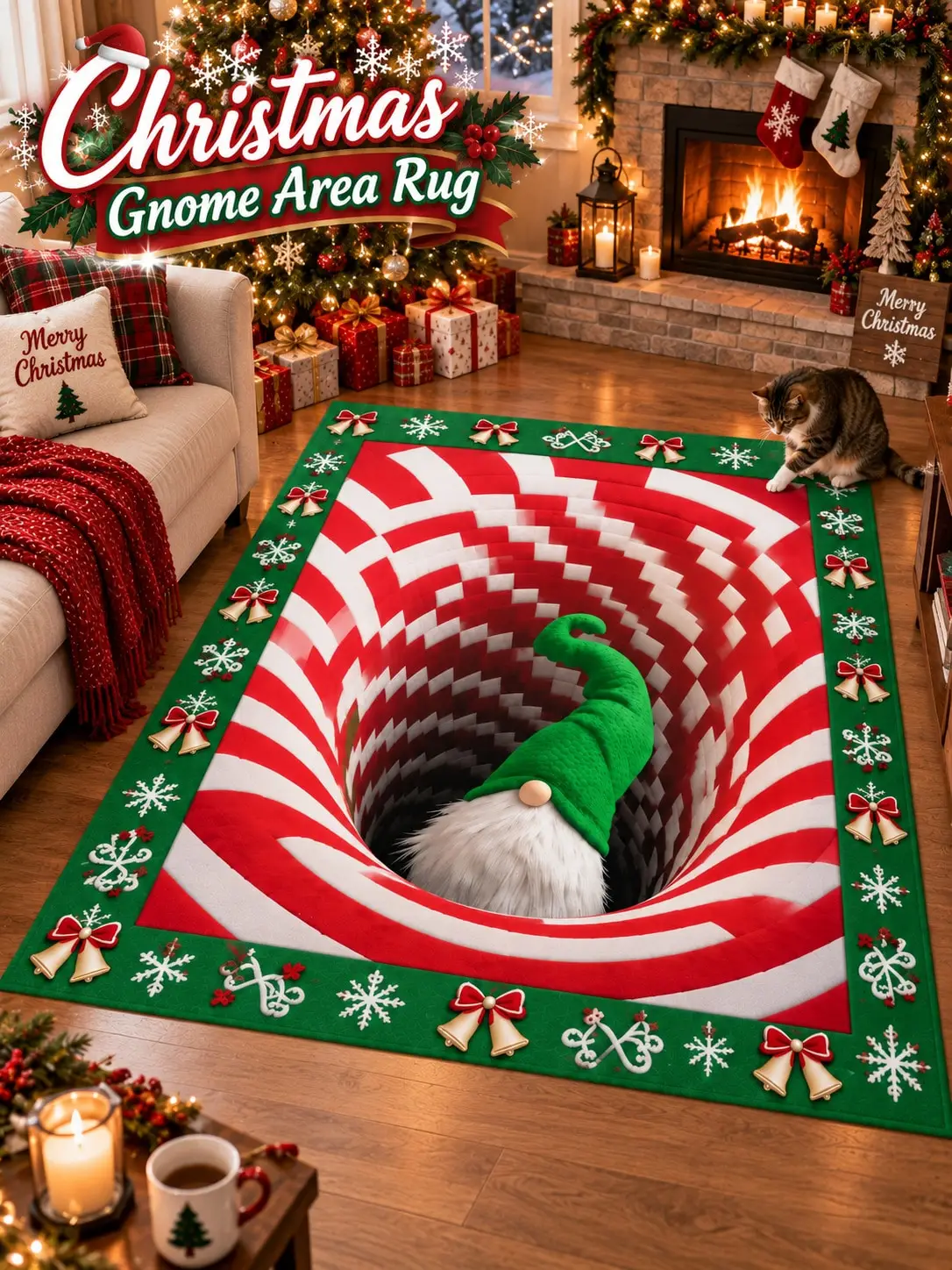Christmas Rug Gnome Spiral Tunnel Illusion Floor Decor Carpet Living Room Bedroom Dining Area Entryway Apartment Cabin Winter Home Accent Beside Sofa Armchair Housewarming Birthday Gift for Family Friends Neighbors Homeowners Holiday Celebrations