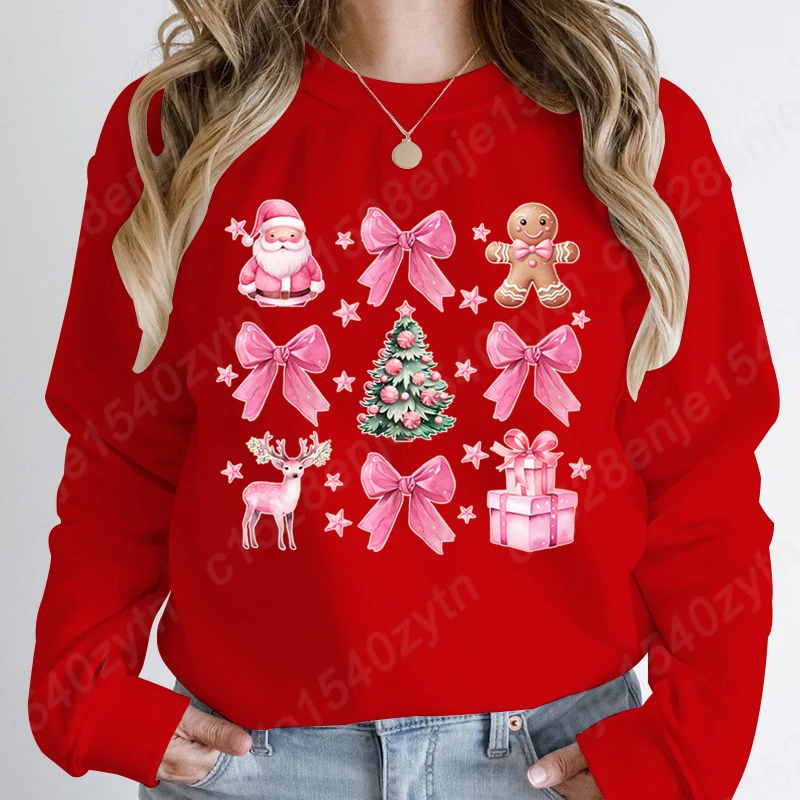 Christmas Pink Bow Santa Print Women Pullover Autumn And Winter Fashion Ladies Long Sleeve Sweatshirt O Neck Hoodless Sweatshirt