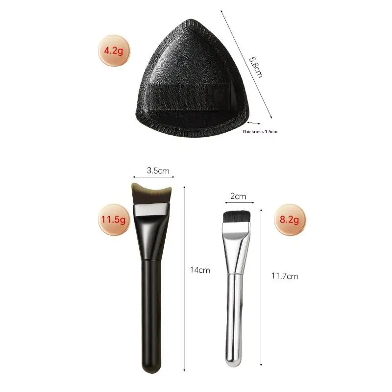 3Pcs One-character Flat Ultra Thin Foundation Brush Set with Puff Streak-free  Makeup Tool for Full Coverage Foundation