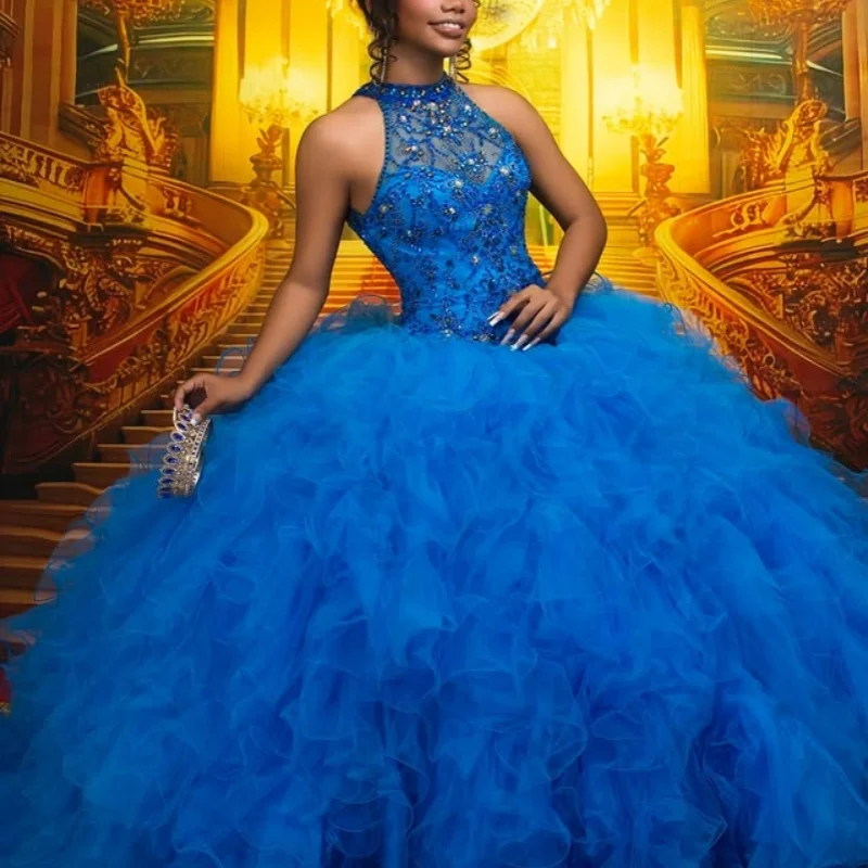 Abito Quinceanera blu royal Decalcomania di cristallo glitterato con spalle scoperte Stratificazione di pizzo Coda lunga Abiti da 15 Quinceanera ﻿ Personalizza