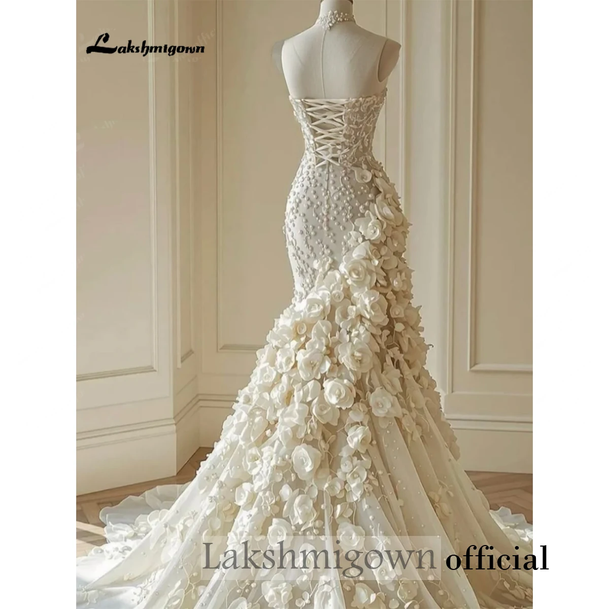 Elegantes trägerloses 3D-Blumen-Meerjungfrauen-Hochzeitskleid mit handbestickten Perlen, Brautkleid mit Schnürkorsett-Rücken, individuell anpassbar. – Detail 6
