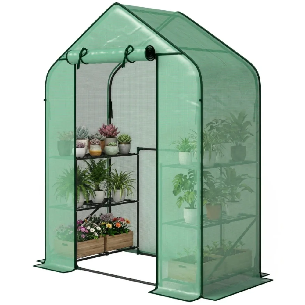 Walk-in Mini Greenhouse with 2-Tier Shelves, Portable PE Mesh Plant Growing Tent with Roll-Up Door, Outdoor/Indoor Greenhouse for Flowers, Herbs & Vegetables