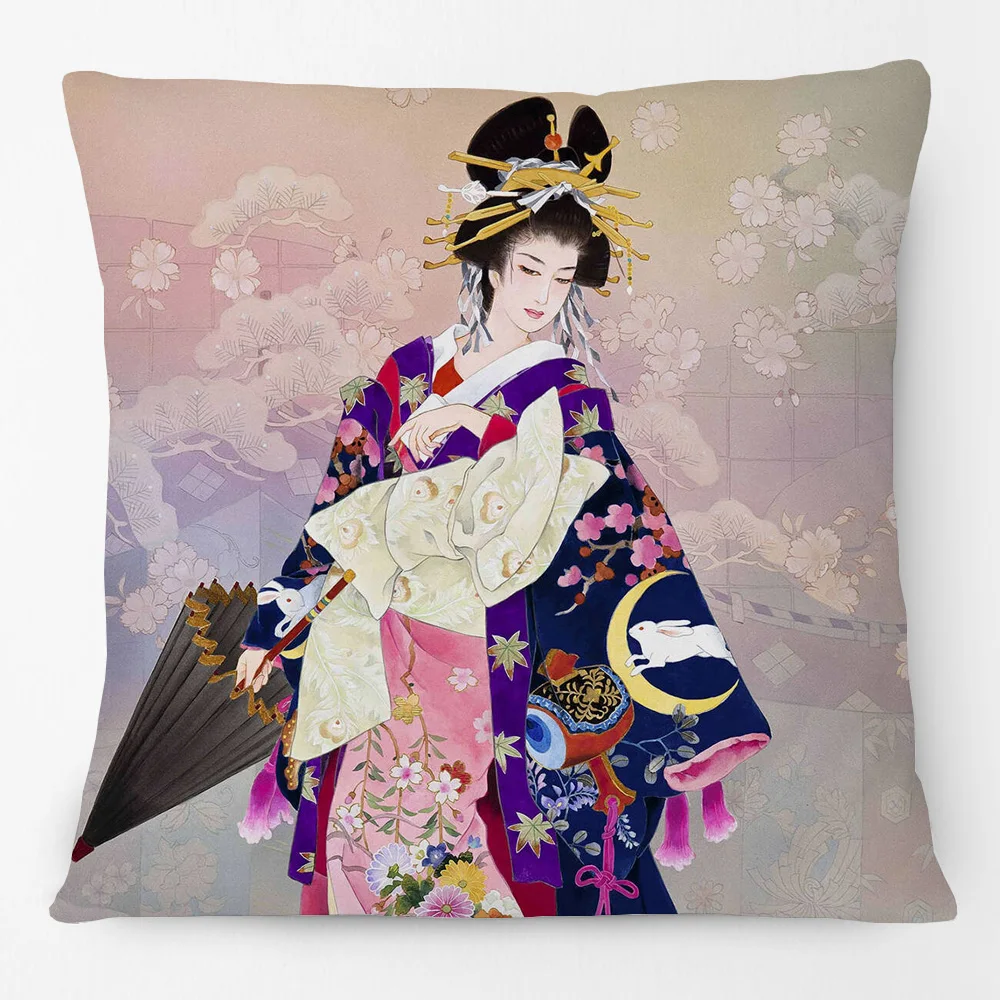 Asian Japanese Style Cushion Cover Beautiful Woman Geisha Floral Print Decorative Sofa Pillow Case