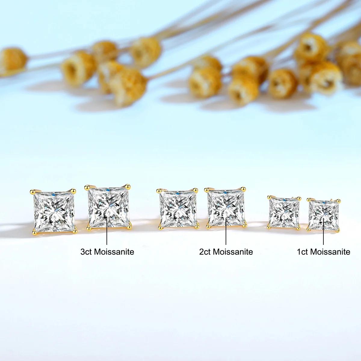 Original 14k Gold Stud Earrings Real Gold AU585 1ct 2ct 3ct Princess Cut Moissanite Diamond Stone Wedding Jewelry for Women