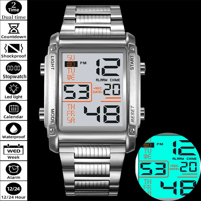 

Бренд Skmei, водонепроницаемые модные мужские часы с двойным временем, роскошный стальной ремешок, секундомер, будильник, обратный отсчет, цифровые светодиодные спортивные наручные часы