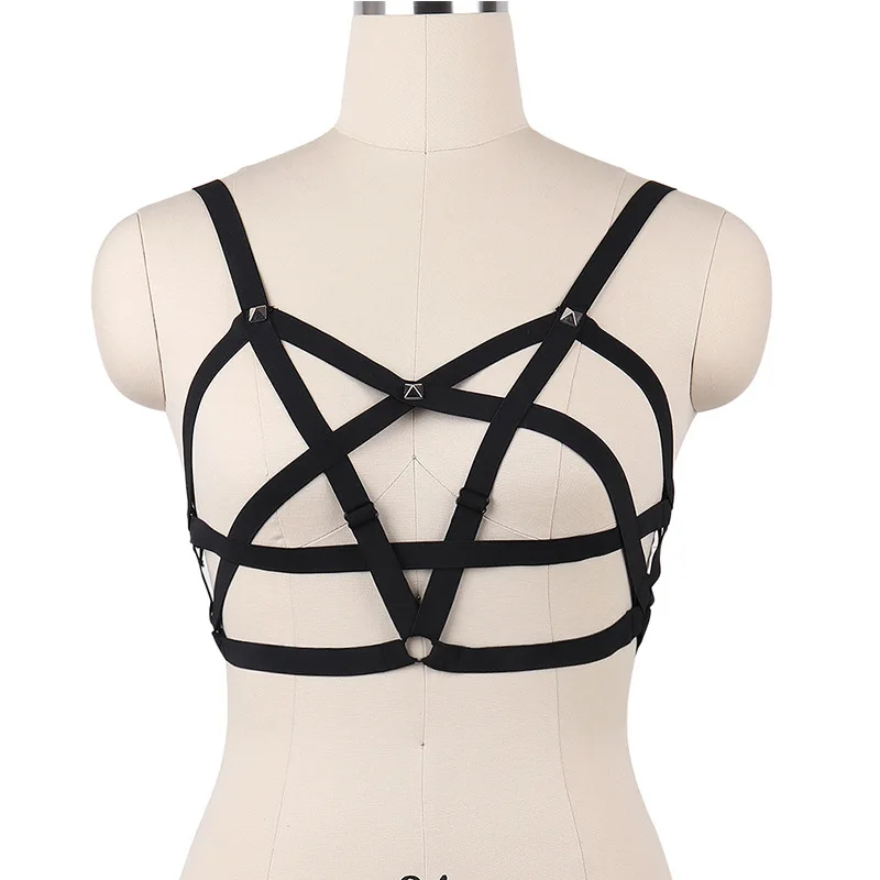 

Sexy Hot Women Harness Bra Crop Top Spandex Adjust Open Cage Bra Harness Body Stocking Goth Harajuku Pentagram Harness