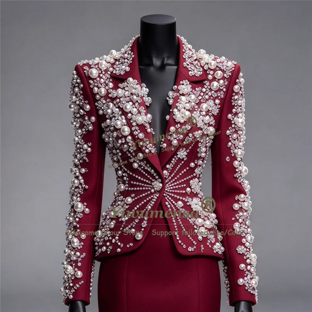 Luxury Women's Suits Formal Wear Pearls Beaded Single Breasted Lady Business Tuxedo Customized 2 Piece Sets Female Clothing 2027