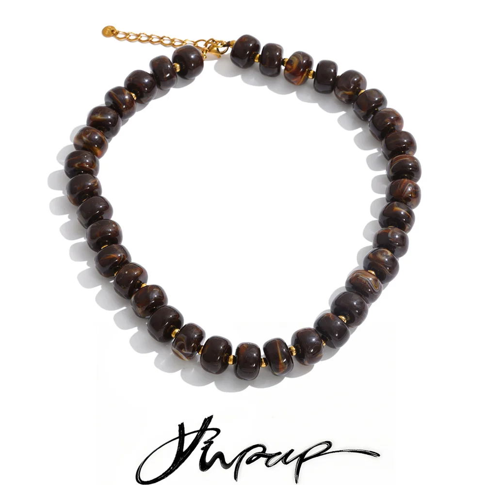 Yhpup Mehrfarbige Harzperlen-Kette, handgefertigte Halskette, wasserdicht, Edelstahl, Statement-Schmuck im Herbst-Winter-Stil