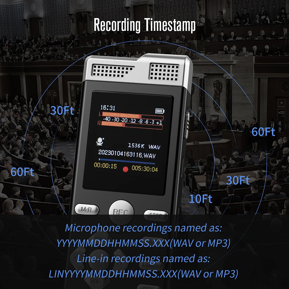 Gravador Ativado por Voz para Palestra, Áudio Digital, Dispositivo de Gravação, Ditafone, Gravador de Som para Reunião, MP3 Player