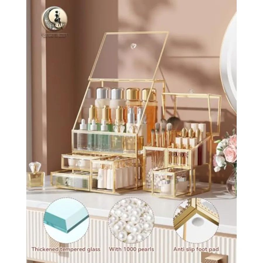 Glass Makeup Organizer with Brush Holder for Vanity: Clear Tempered Glass, Sleek Transparent Design, Space-Saving Vertical Stor