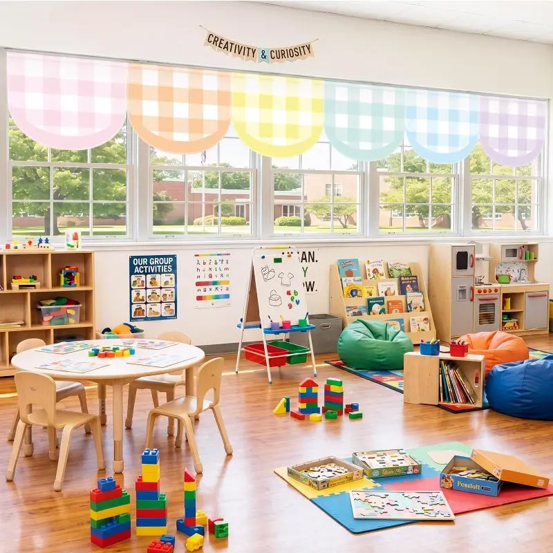 VIKAMA Colorful Rainbow Gingham Window Valance Curtain Scalloped Short Curtain Kids Classroom Nursery Window Tier Decor Curtain