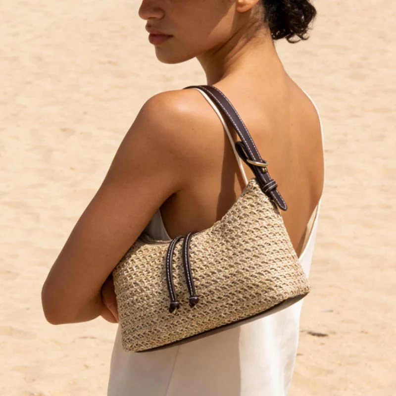 

Brand Woven Straw Pillow Handbag Leather Handle Design, Summer Stylish Woven Underarm Bag Versatile Zipper Phone Bag Coin Pouch