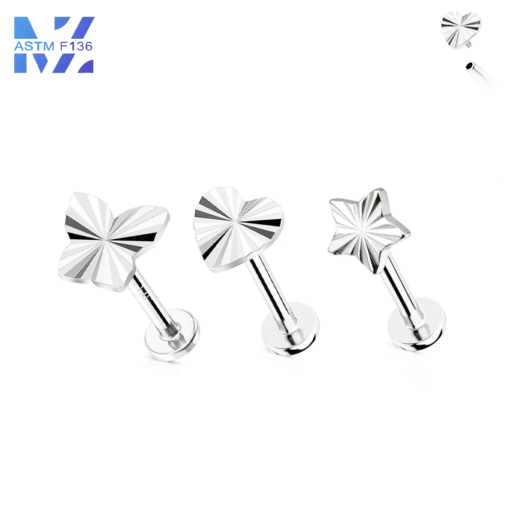 F136 Titanium Earrings Butterfly Heart Internal Thread 16G Lip Stud Classic Implant Grade Nose Jewelry Body Piercing Jewelry