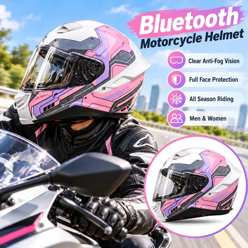 Motorcycle Full Face Helmet Bluetooth Riding Helmet Anti-Fog Visor All Season Motorbike Helmet for Men Women
