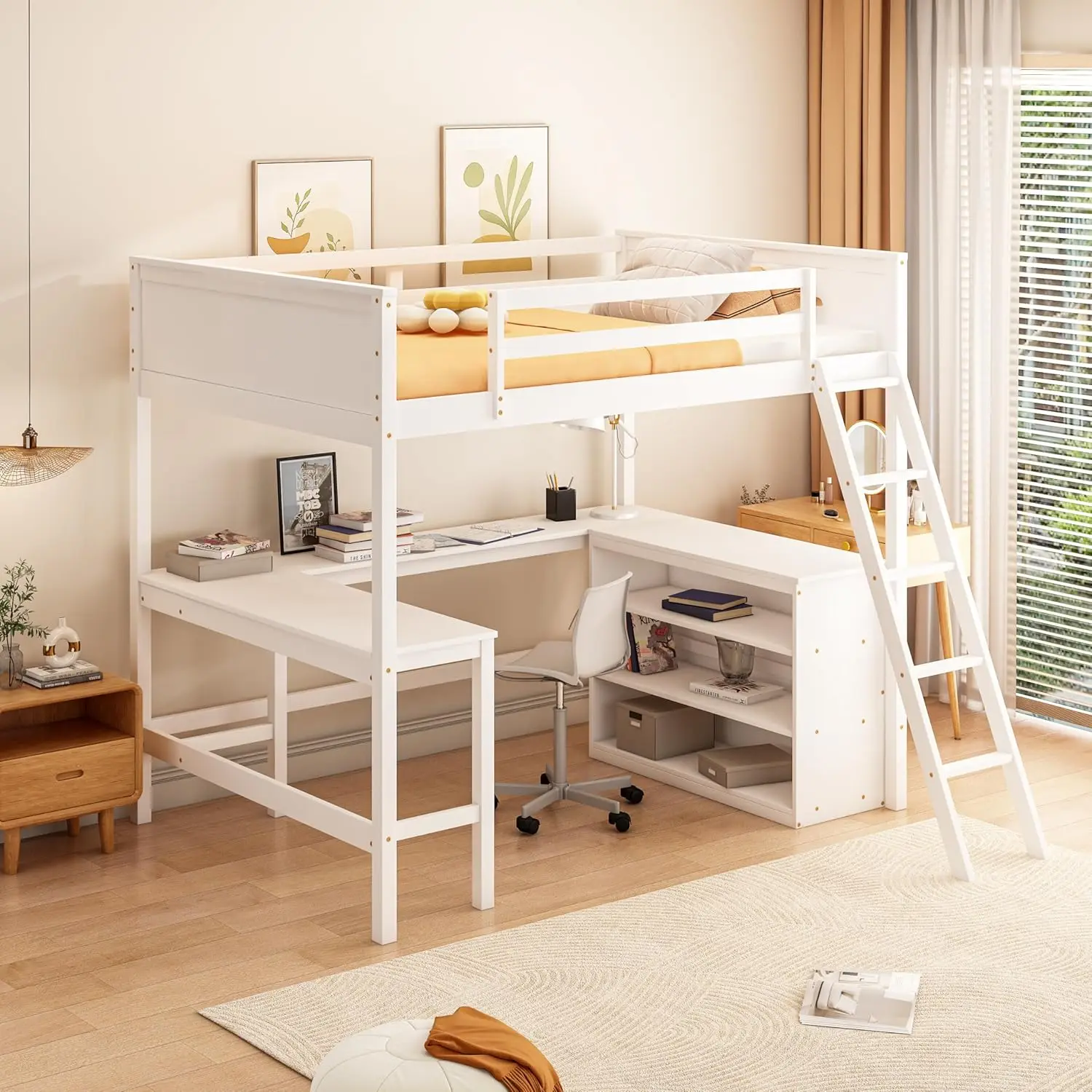 

Full Size Loft Bed Wooden with Desk and Shelves Underneath, High Bedframe with Storage Cabinet, Convertible Ladder