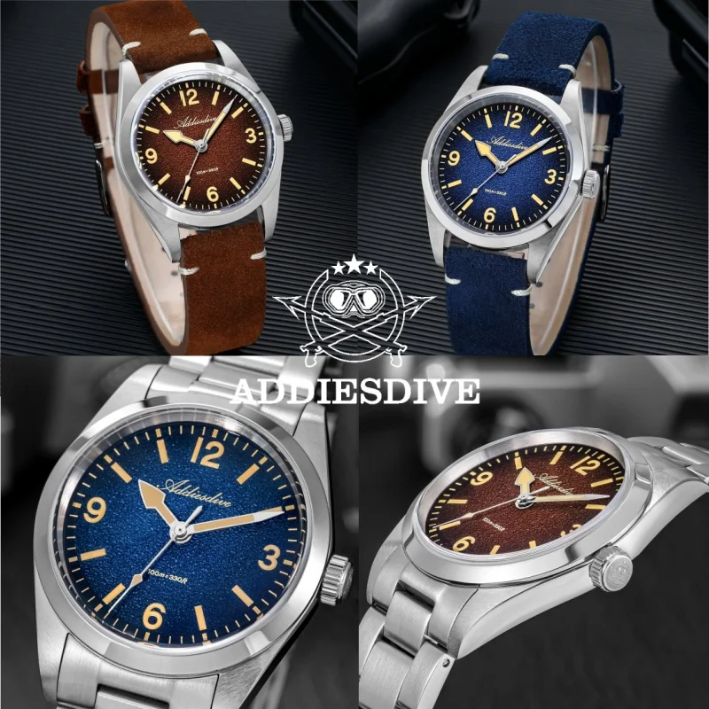 ADDIESDIVE Reloj AD2544 Men's Watch Sapphire Glass 10Bar Waterproof C3 Super Luminous Leather Strap Quartz Watch Reloj Hombre