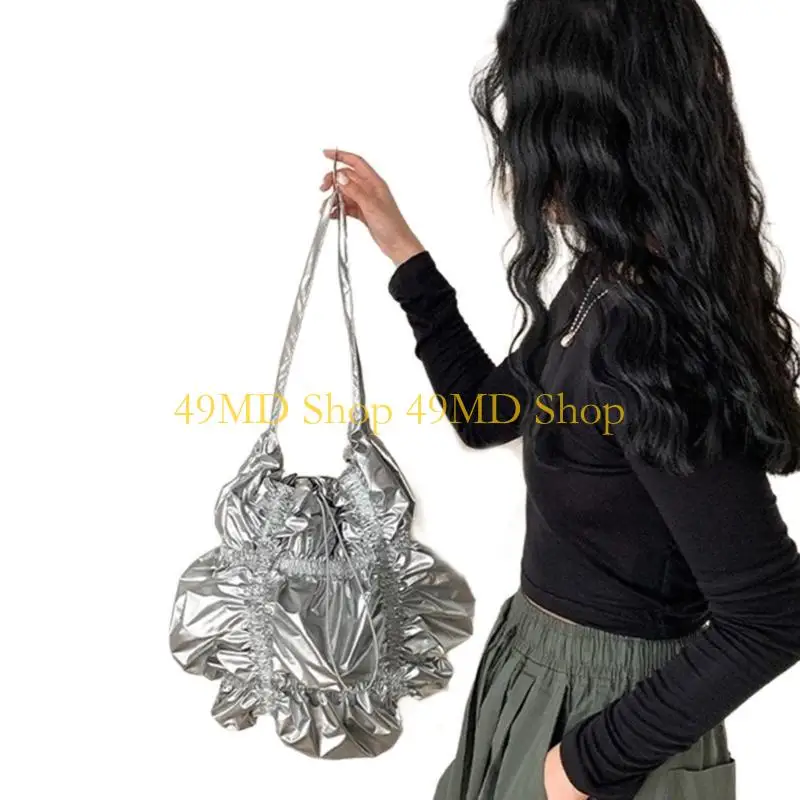 49MD Sleek Soft PU Wide Pleated Bag for Ladies Large Capacity Shoulder Crossbody Bags