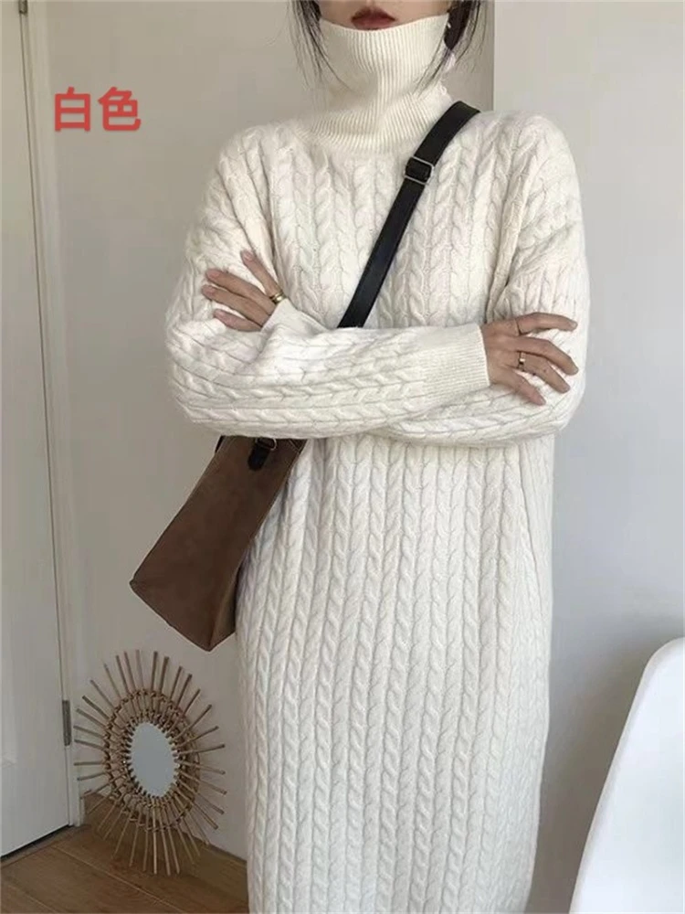 秋冬タートルネックツイストロングセーター女性韓国スタイル膝丈ルーズドレス女性カジュアルグレーニットプルオーバー新