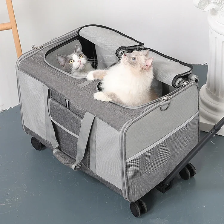 

Double Compartment Pet Carrier with Detachable Wheels for Cat/Dog Breathable Pet Trolley Bag