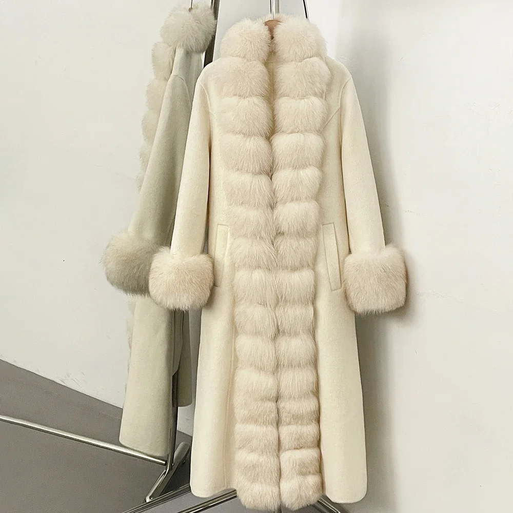 OFTBUY Neue Winter-Luxuskleidung Damen-Oberbekleidung Langer Woll-Alpaka-Mischmantel mit Echtfuchs-Pelzbesatz und Gürtel Wolljacke für Damen – Detail 17