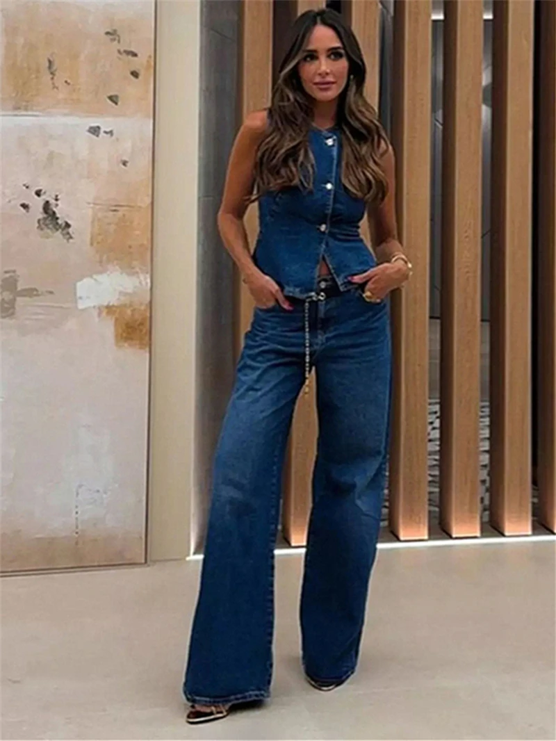 Modische Denim 2-Teilige Sets Damen-Outfit Sommerkleidung Damen 2026 Ärmelloses Westen-Top Gerade Jeanshose Anzug Jeans Damen-Sets