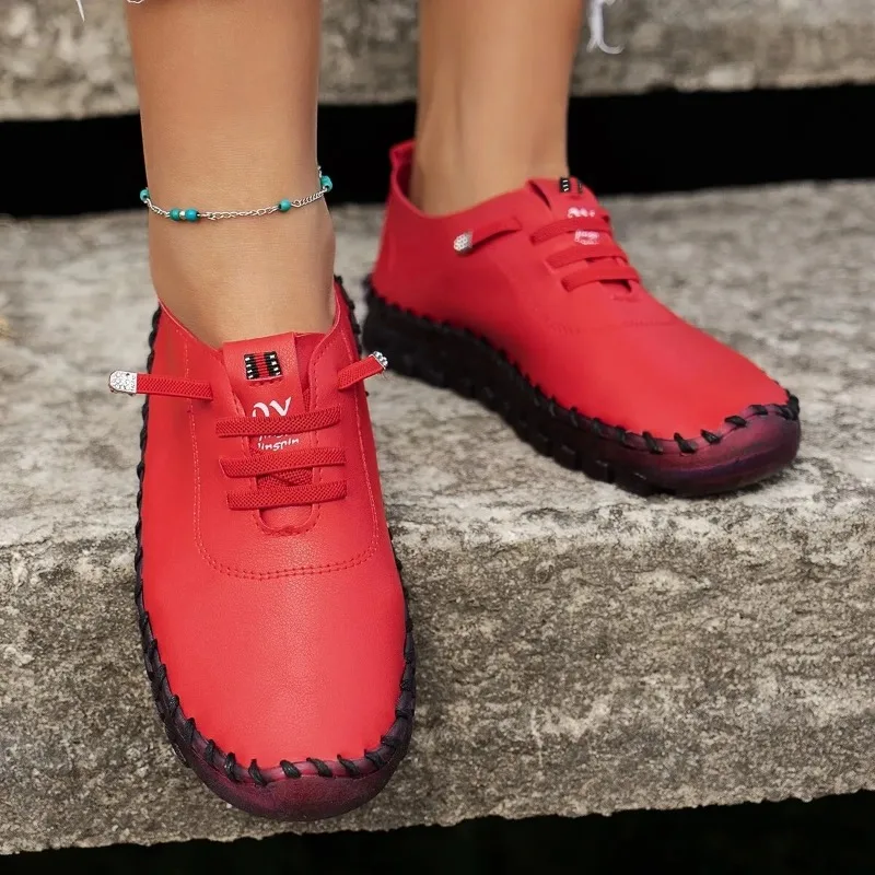 2024 New Spring Casual Women Shoes Platform Loafers Lace Up Leather Flats Slip-On Mom Shoe